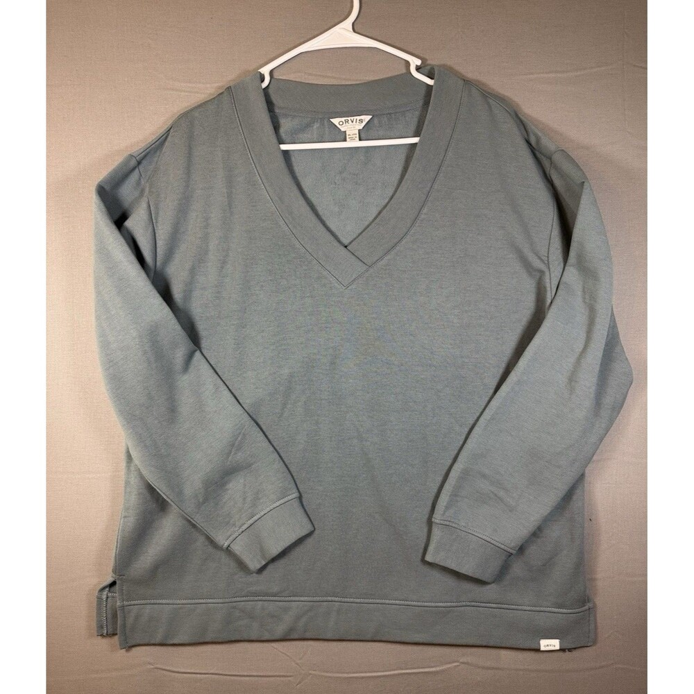 Women's Orvis Green Gray Modal Solid V-Neck Pullover Fleece Logo Sweater Size XL